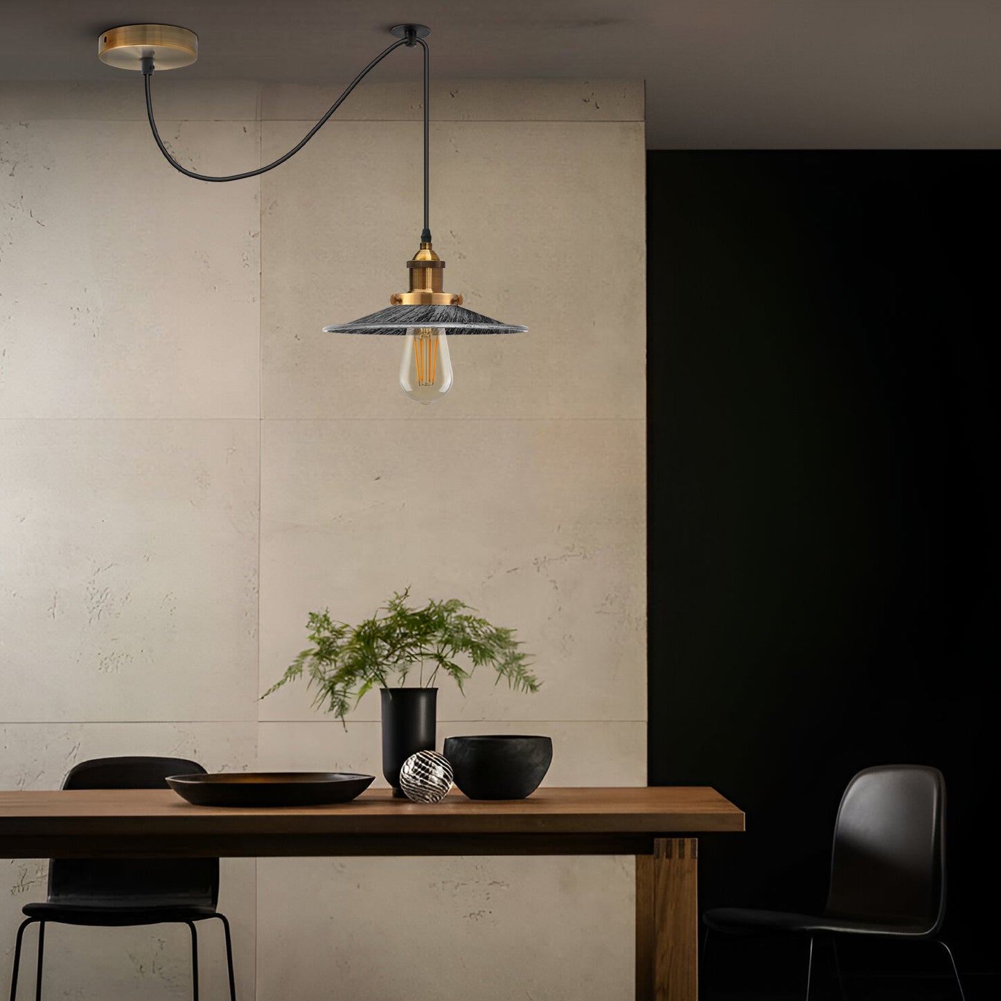 E27 Metal Flat Shade with 2M Adjustable PVC Cable