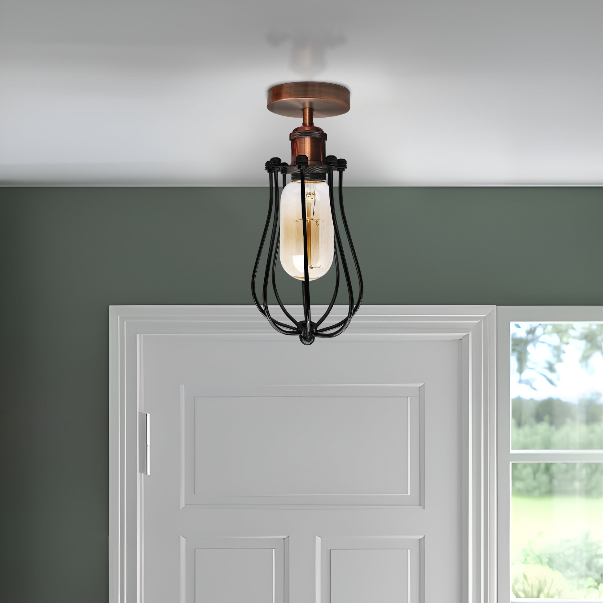 Vintage Retro Industrial Hallway Flush Mount Cage Ceiling Light - Application image