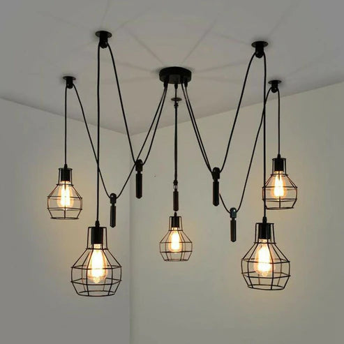 Industrial 5-Head Metal Shade Spider Pendant Light