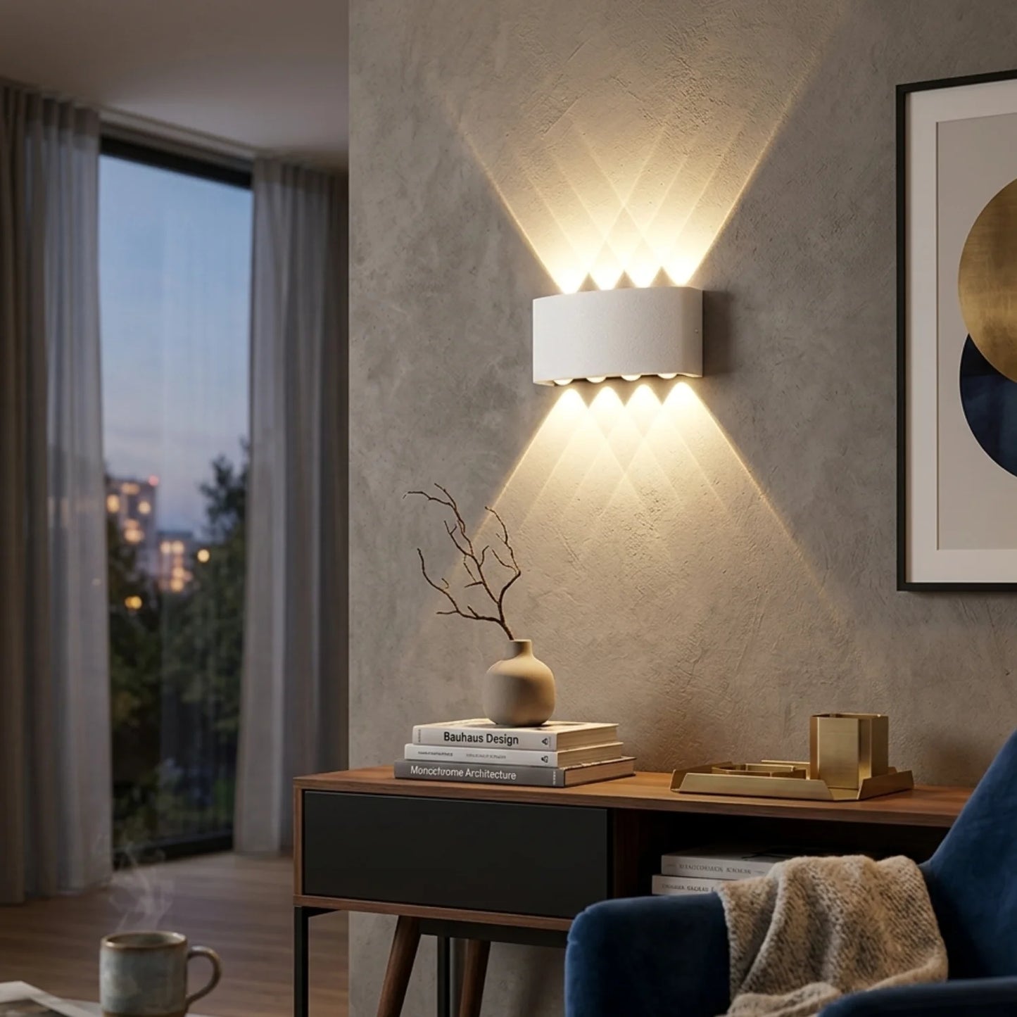 Modern interior design with a wall-mounted lamp, books, and decorative items in a room with large windows.