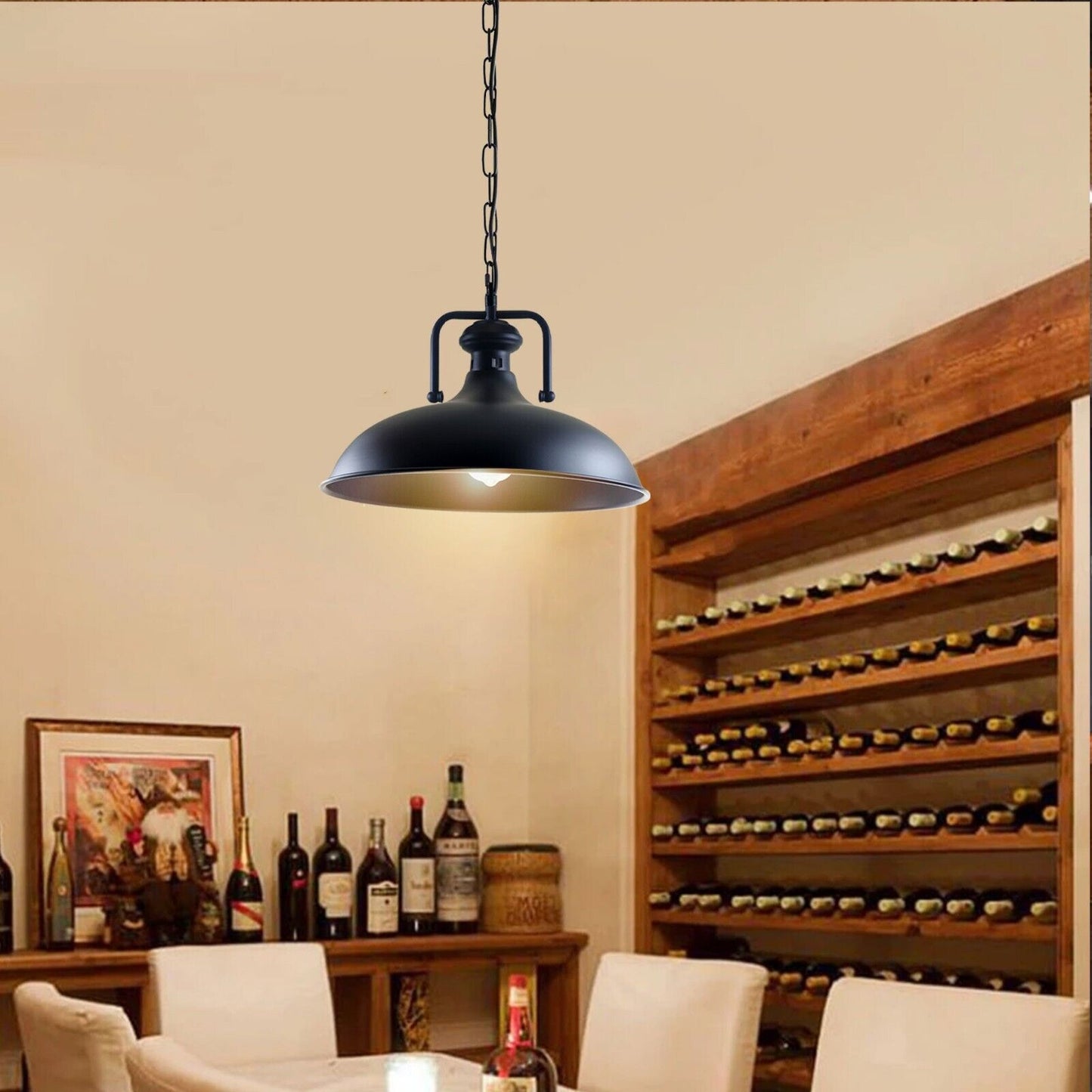 Black Pendant light with chain for bar.JPG