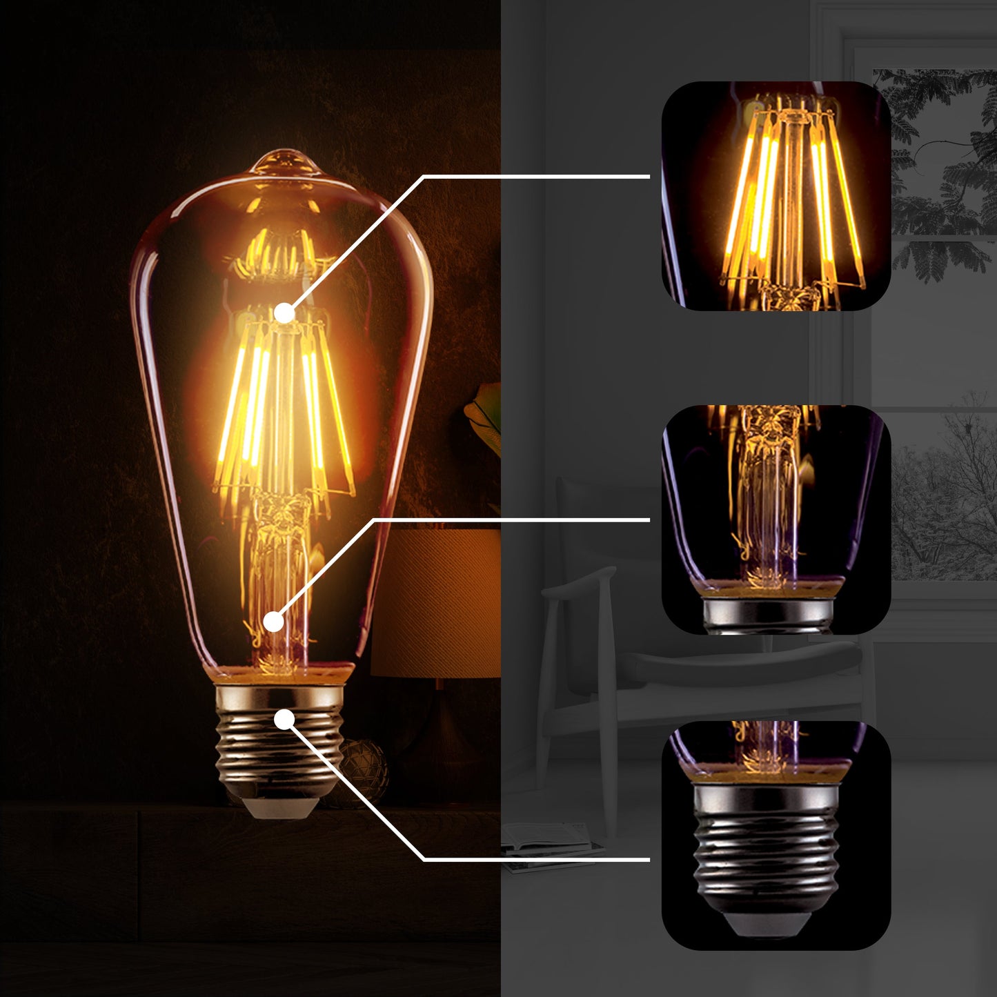 ST64 E26 8W Vintage LED Retro Light Bulb 3 Pack
