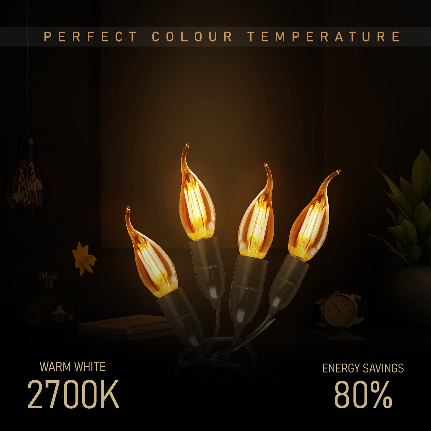E14 4W C35 LED Candelabra Bulbs 2200K Warm White Dimmable LED Filament Bulb