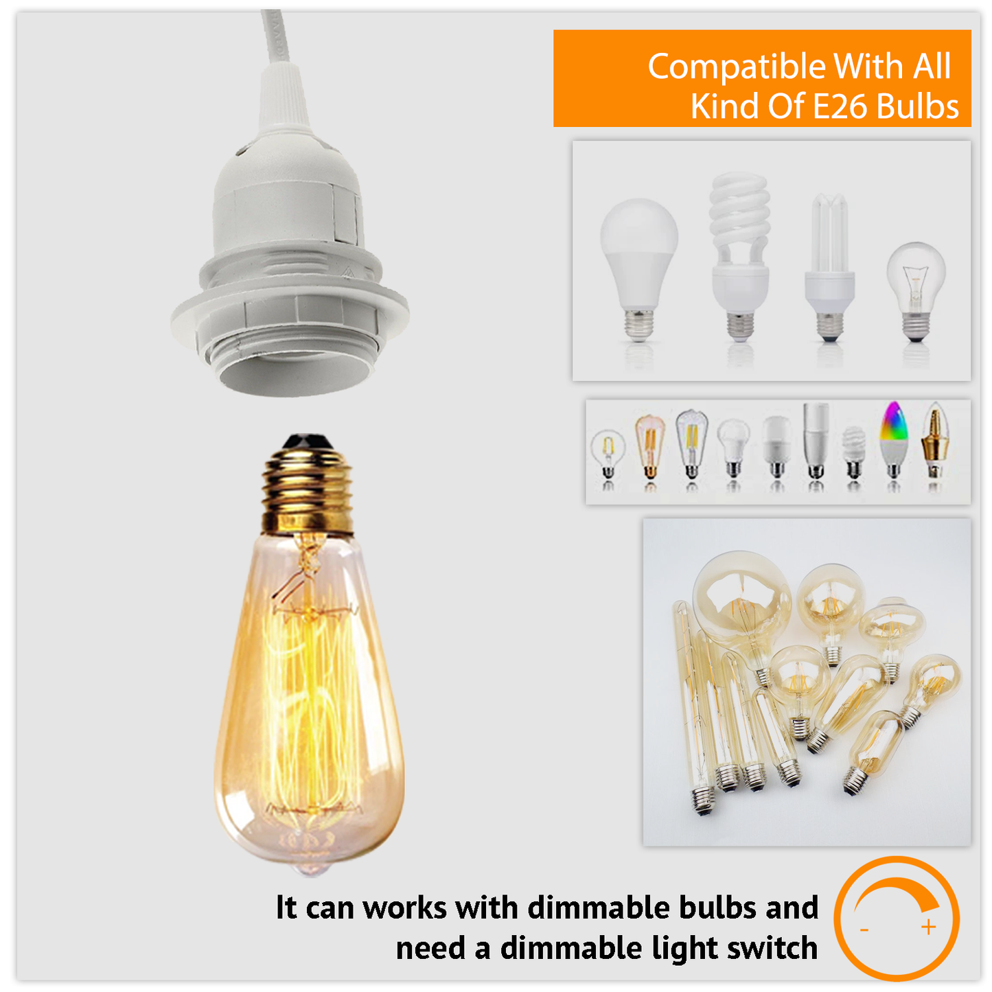 Plug In Pendant with Switch Holder Vintage Lamp Lighting E26 Rubber Cable - White~1216