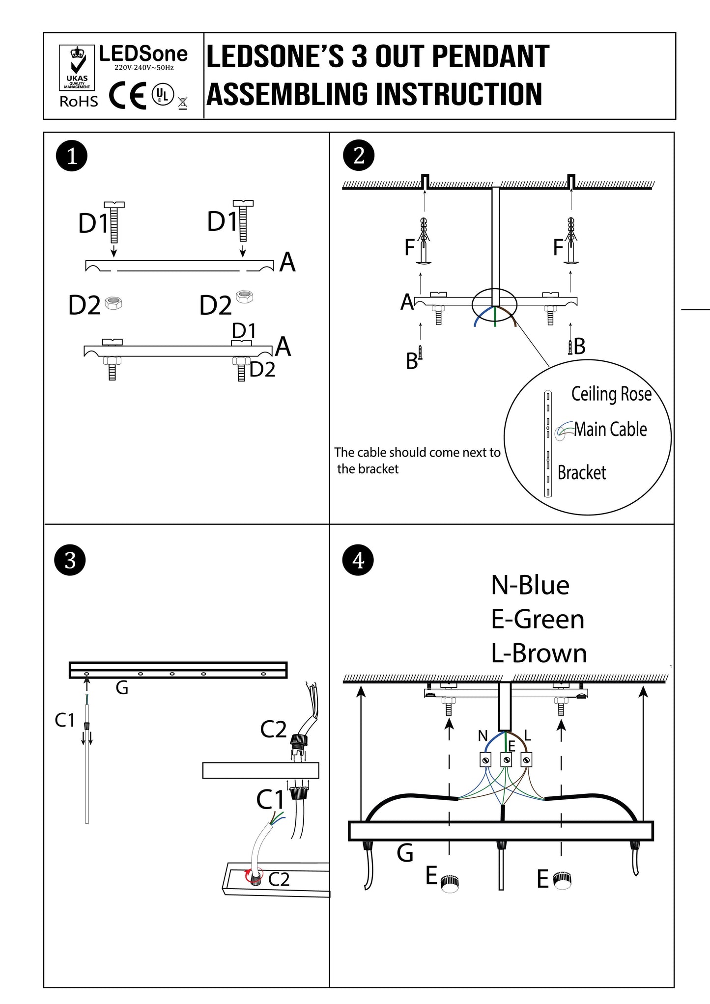 3 Outlet 500mm Black Metal Ceiling Rose