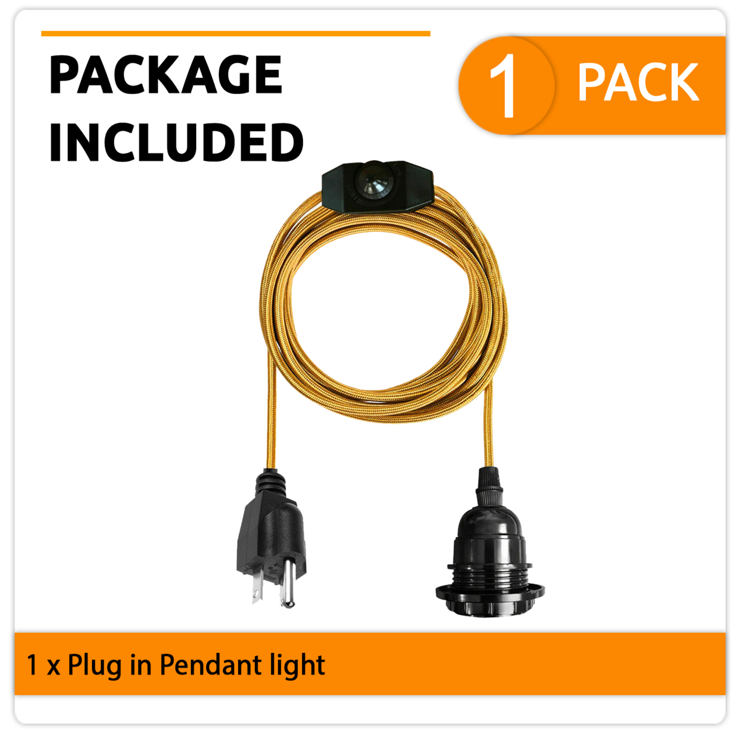 Gold Color Dimmer Switch 2m Fabric Flex Cable Plug In Pendant Lamp E26 Holder~1214