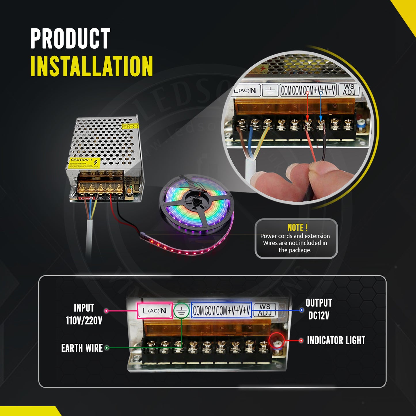 DC 12V 2.5 Amp Switching Power Supply for LED Strips CCTV - installation