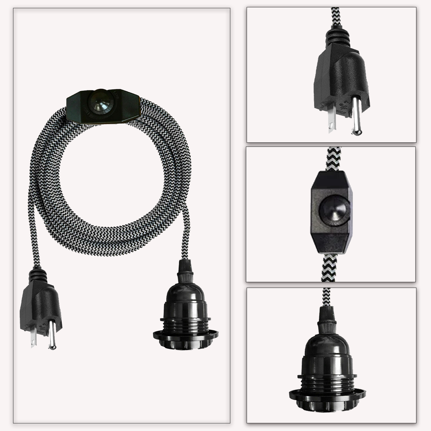 2m Plug-in Pendant Light Wire with Dimmer Switch Black & White Lamp Light E26 Bulb Holder~1483