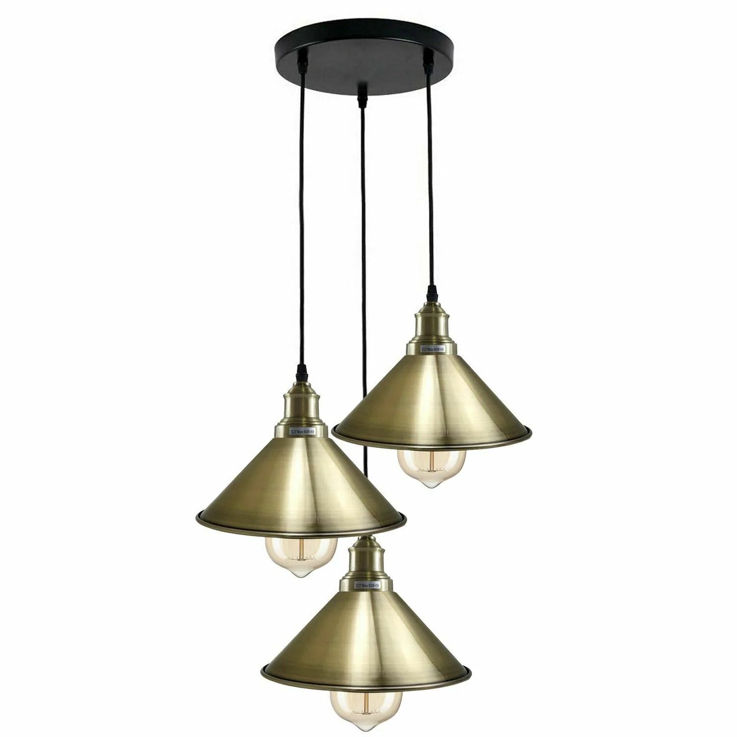 Vintage 3-Head Cone Shade Green Brass Pendant Light