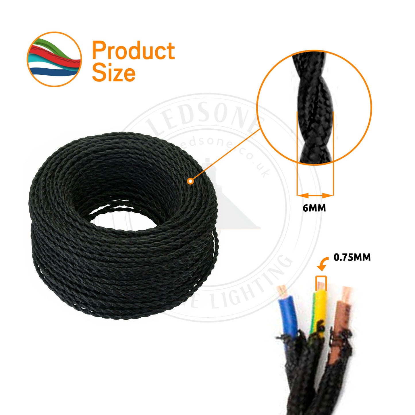 18 Gauge 3 Conductor Twisted Cloth Covered Wire Braided Light Cord Teak Black~1673