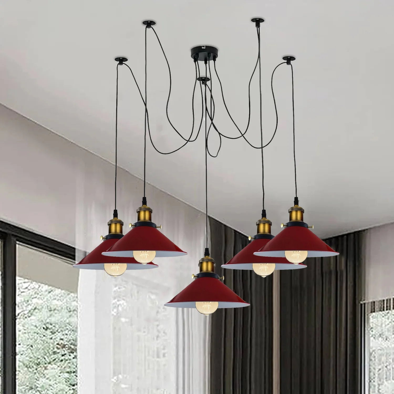 5-Head Cone Shape Spider Pendant Light in Red