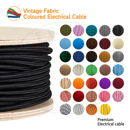 Vintage 3 core Electric round cable covered with colored fabric. Textile Cable