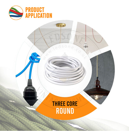 Vintage 3 core Electric round cable covered with colored fabric. Textile Cable. Ideal for lights, lightning and lamps.