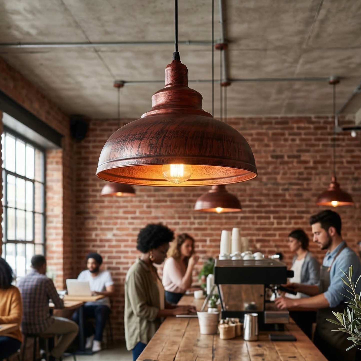 People sitting at a wooden table in a cozy cafe with brick walls and pendant lights.
