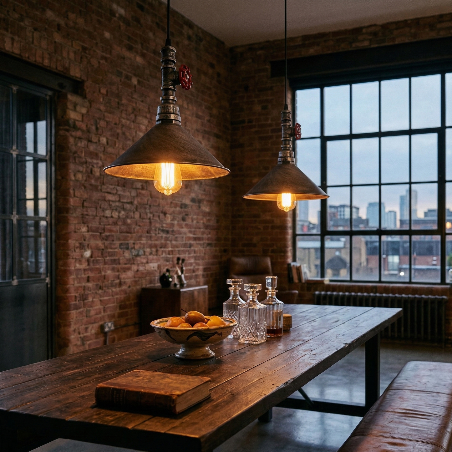 Brushed copper steampunk pipe hanging lamp with vintage valve wheel detail for kitchen island
