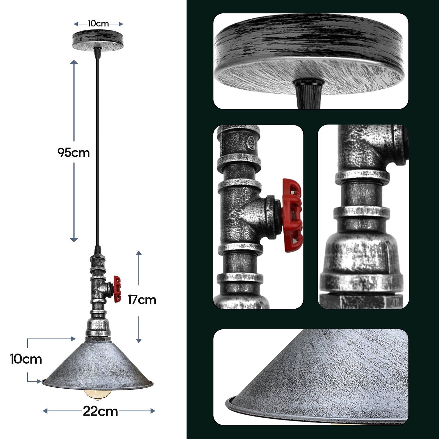 Industrial-style pendant light with measurements and close-up details on a white background