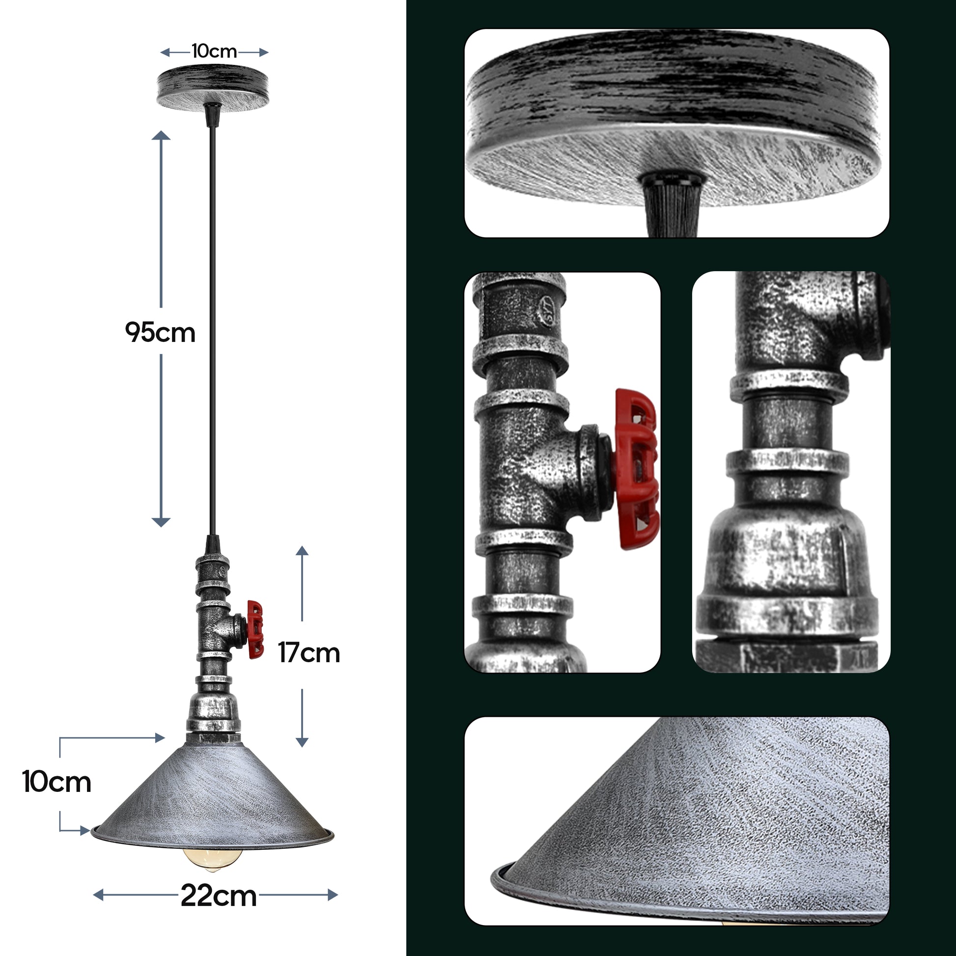 Industrial-style pendant light with measurements and close-up details on a white background