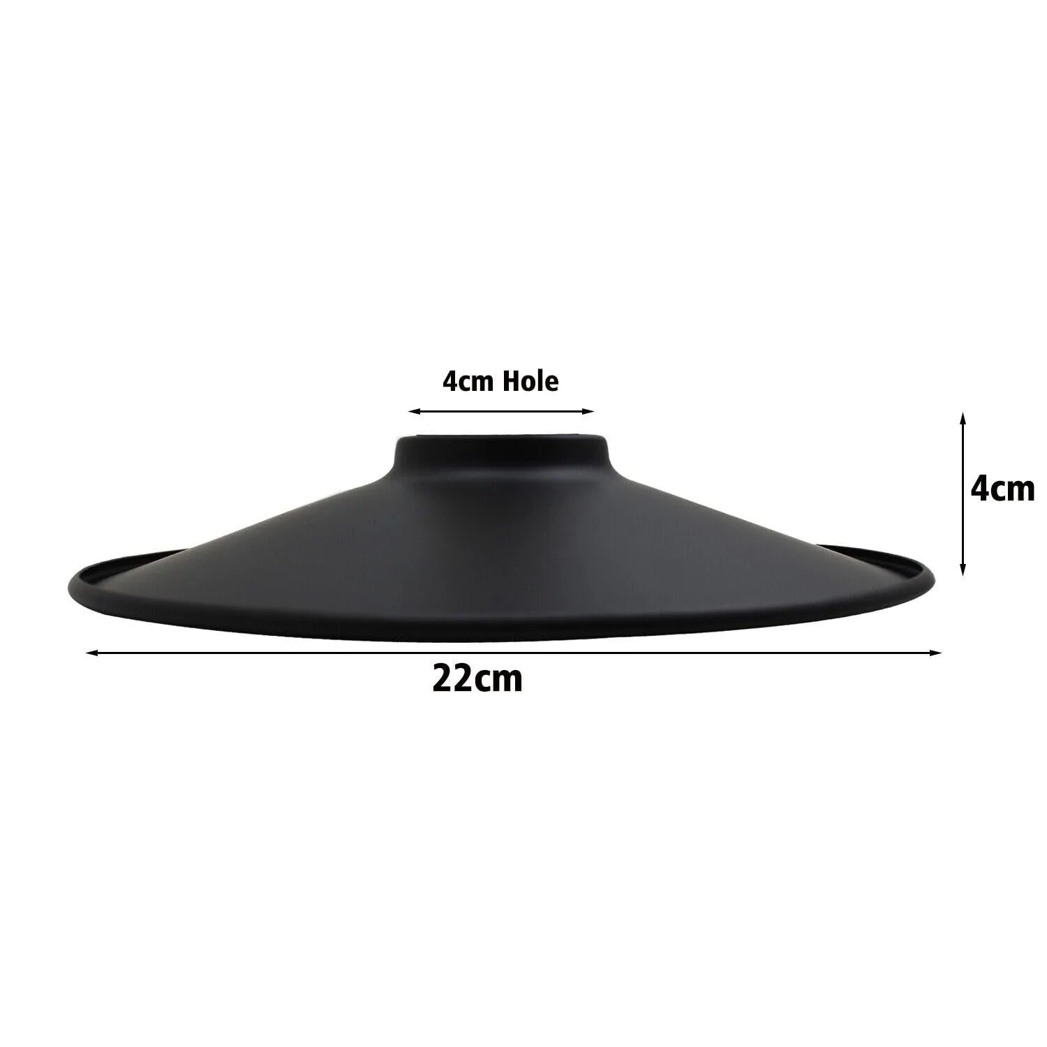Black conical object with measurements on a white background