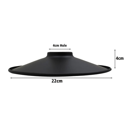 Black conical object with measurements on a white background