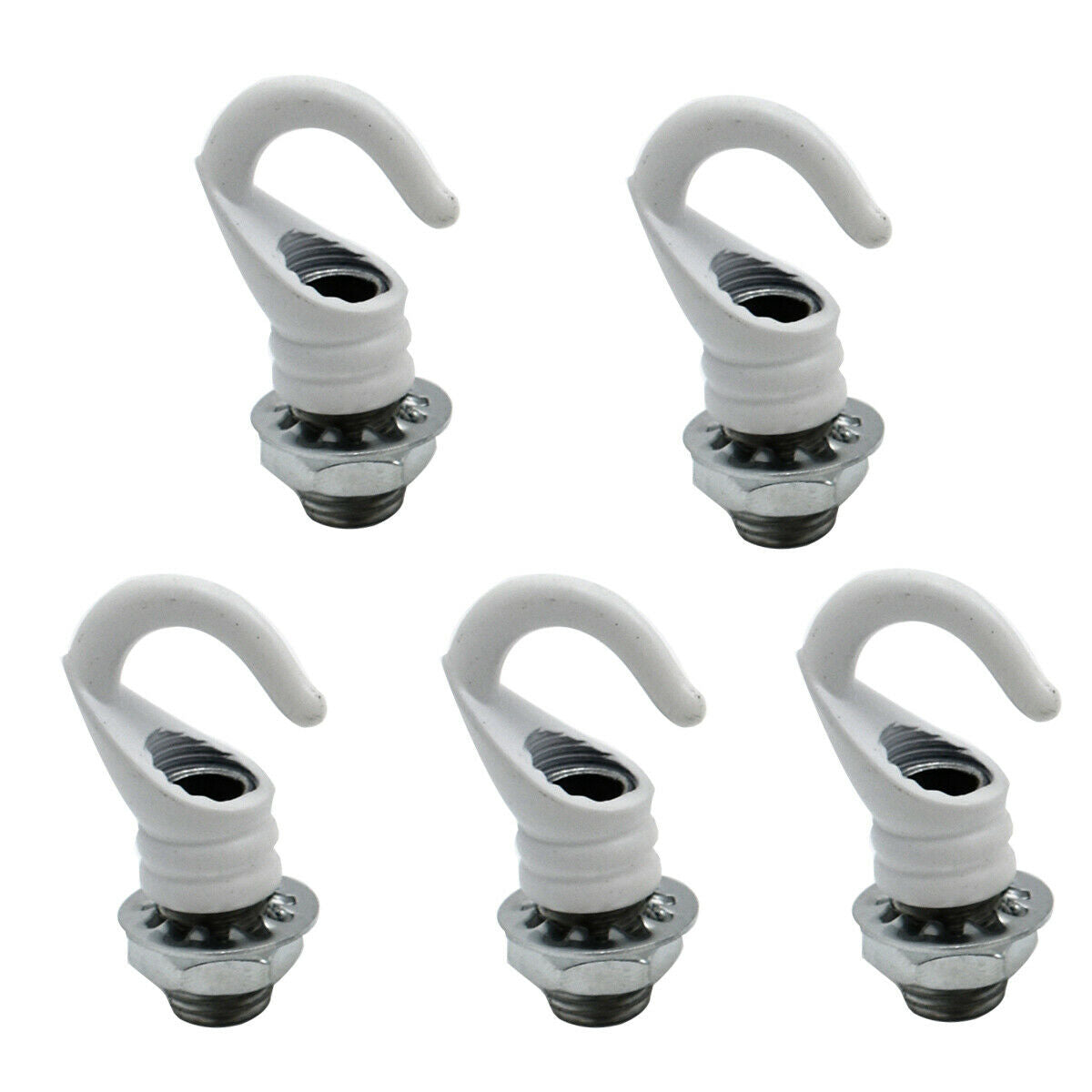 A set of five white aluminum ceiling hooks designed for hanging pendant lights or chandelier fixtures.