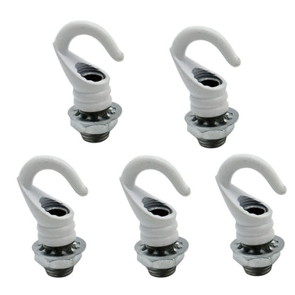 A set of five white aluminum ceiling hooks designed for hanging pendant lights or chandelier fixtures.
