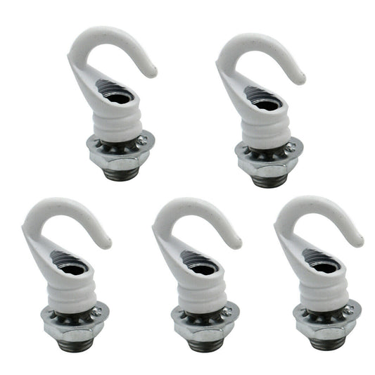 A set of five white aluminum ceiling hooks designed for hanging pendant lights or chandelier fixtures.