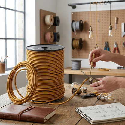 Person working with a coiled cable on a wooden table in a workshop setting.
