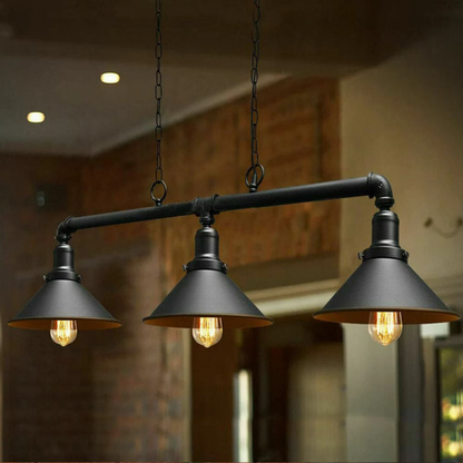 Rusty copper 3-head pipe rail chandelier with cone shades suspended by chain drop