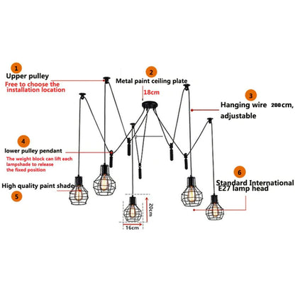 Industrial 5-Head Metal Shade Spider Pendant Light 