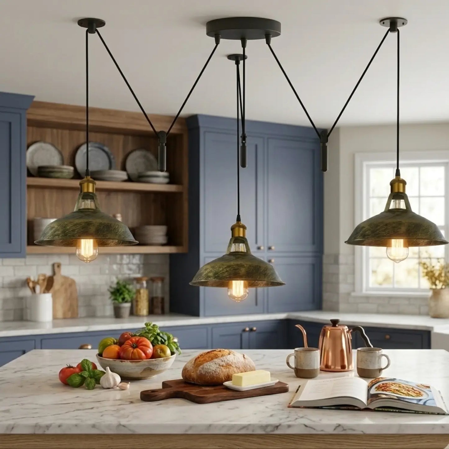 Modern kitchen with pendant lights, marble countertop, and blue cabinets.