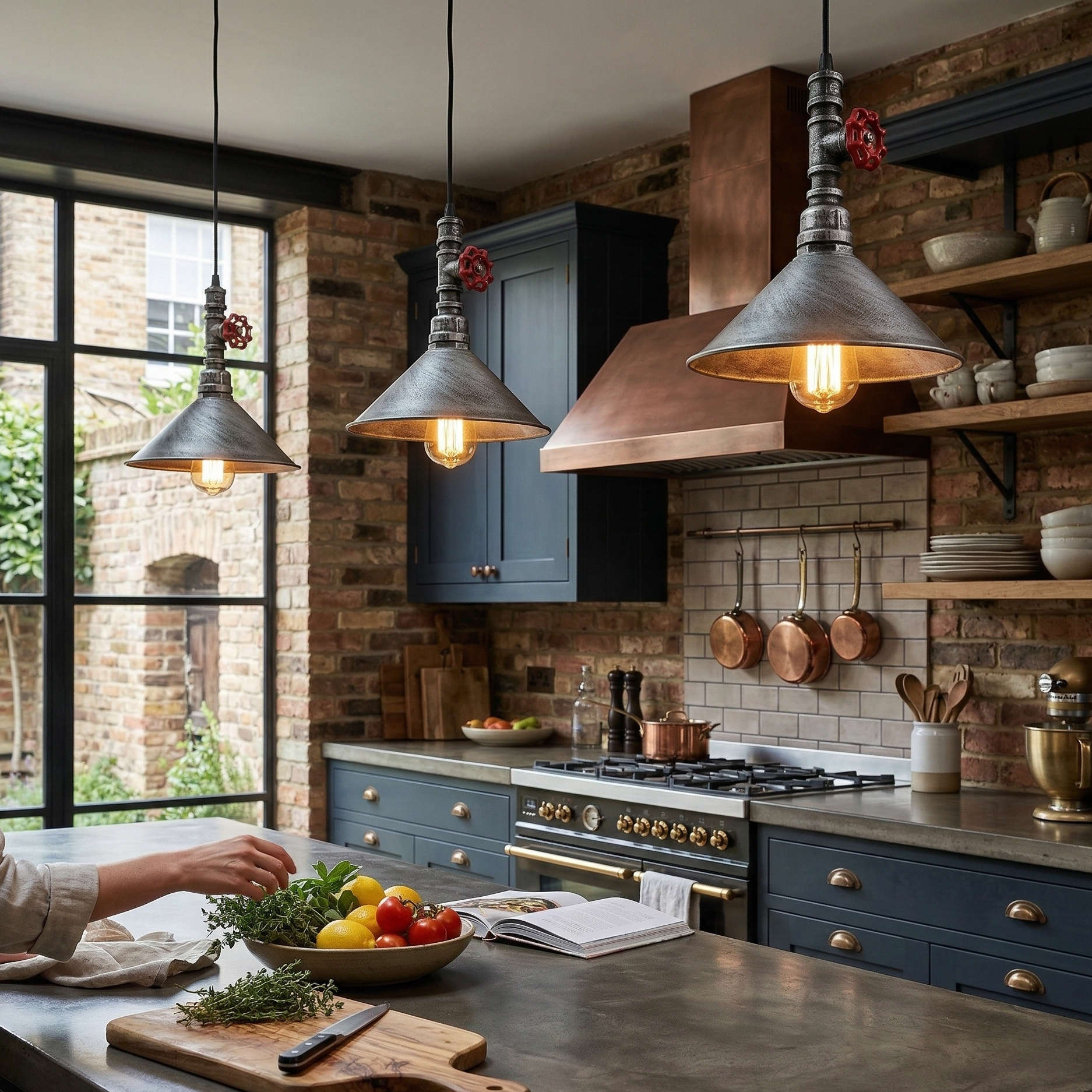 Brushed silver steampunk industrial pipe pendant light with red valve wheel accent and 