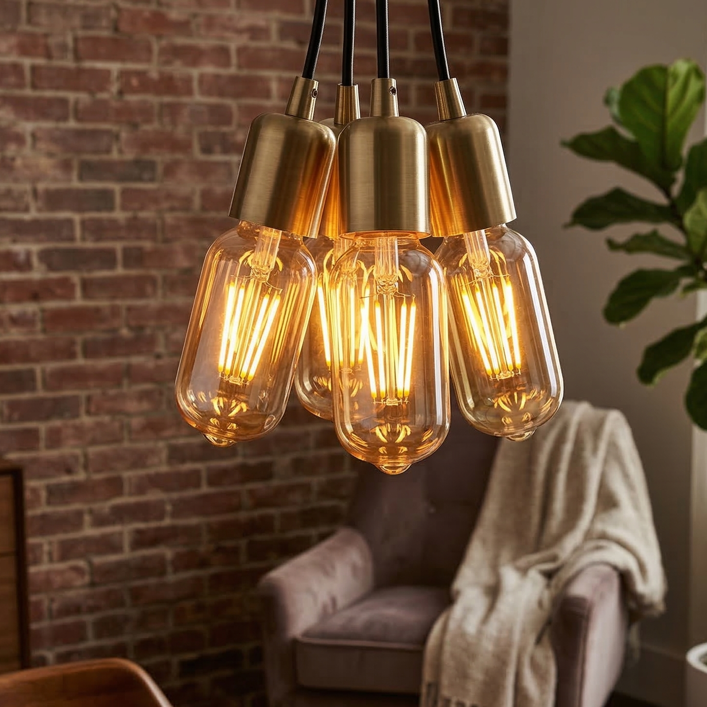 Modern interior with Light bulb, a table with a cup and books, and a plant.