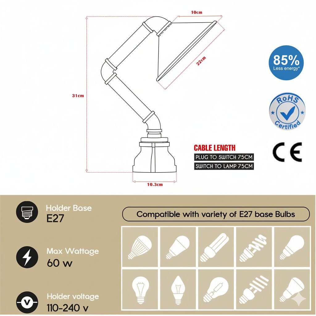 Technical specifications and compatibility details of a lamp with dimensions and certification logos.