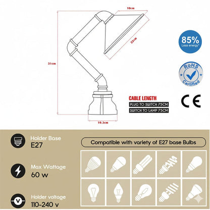 Technical specifications and compatibility details of a lamp with dimensions and certification logos.