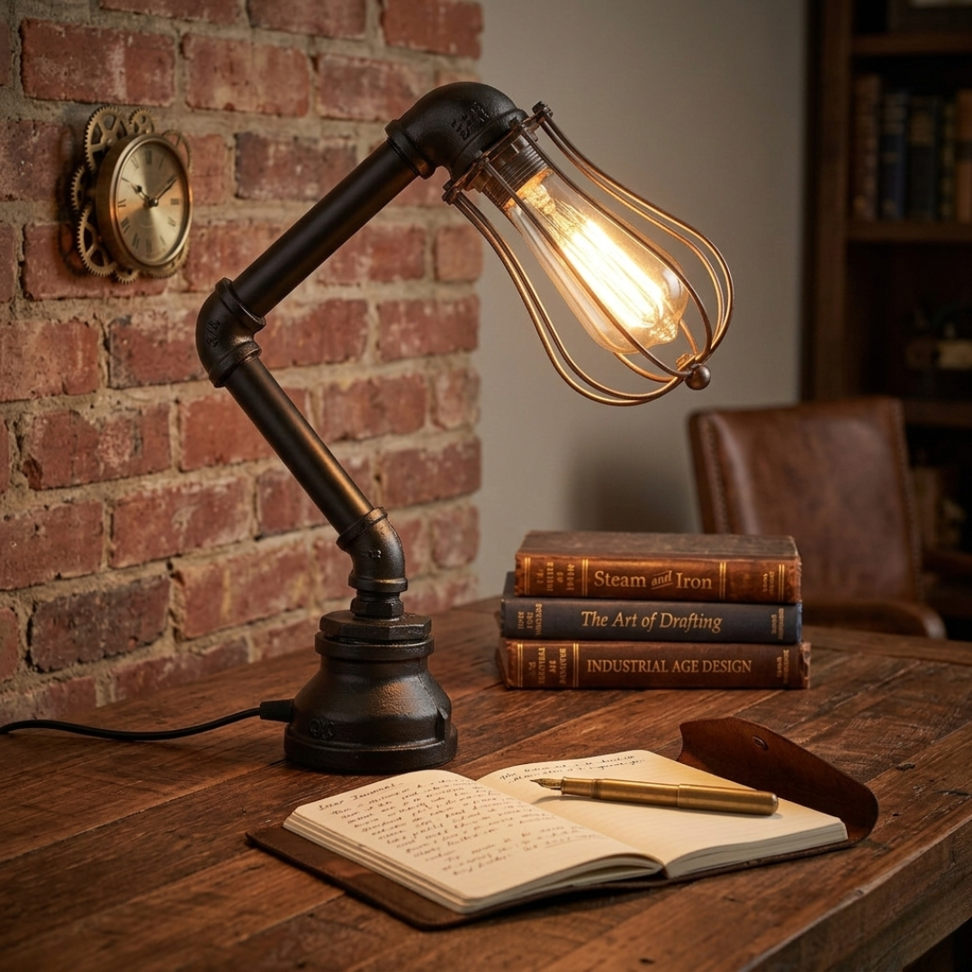 Vintage-style desk lamp on a wooden table with books and an open notebook.