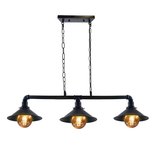 Brushed silver industrial pipe chandelier with three cone shades for dining room lighting