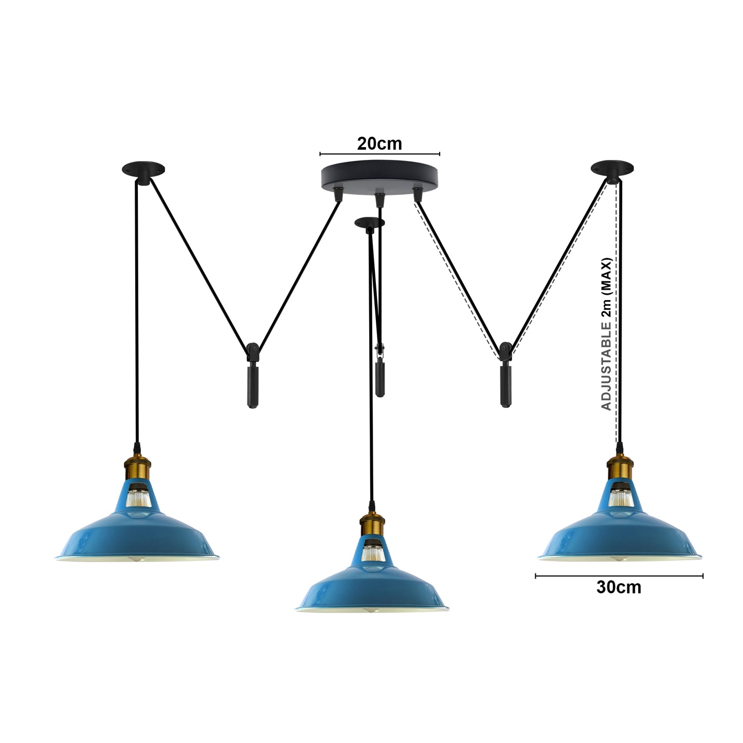 Multi-head vintage metal pendant light with slotted barn shades in antique blue