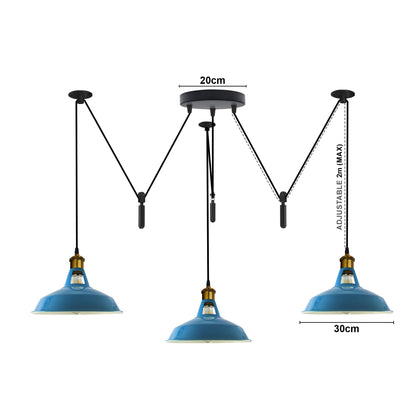 Multi-head vintage metal pendant light with slotted barn shades in antique blue