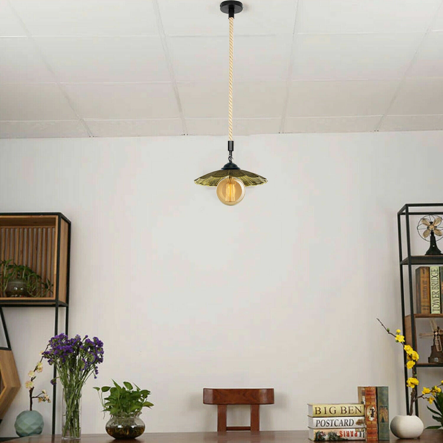 Brushed Brass  Rope Umbrella-Shape Pendant Light for dining room.JPG