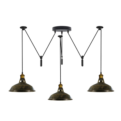 Vintage barn-shade spider ceiling light with three adjustable hanging pendants