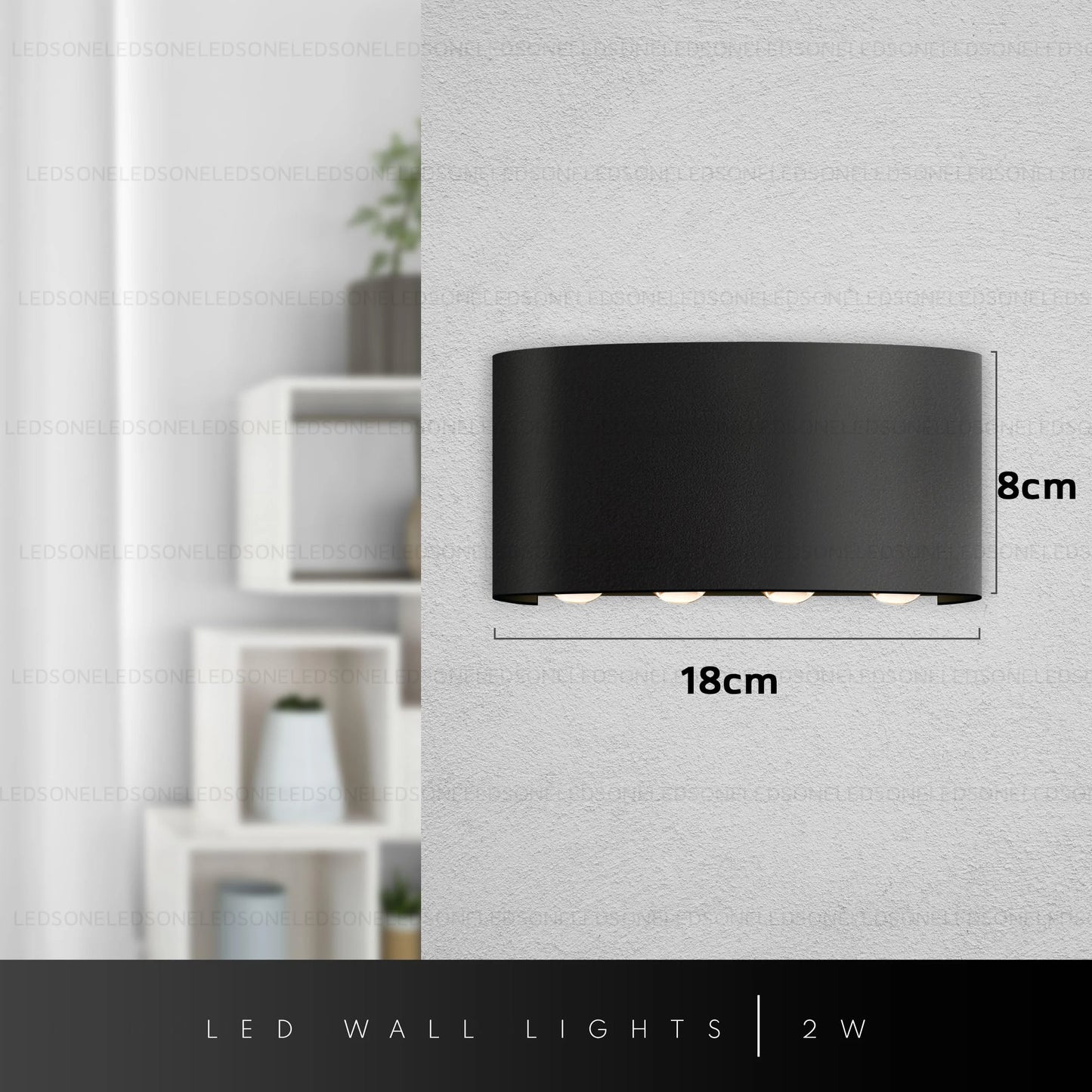 Black LED wall light fixture on a textured wall with dimensions indicated.