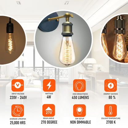 ST64 4W LED Light Bulb Warm White Vintage Edison Filament Bulbs Dimmable