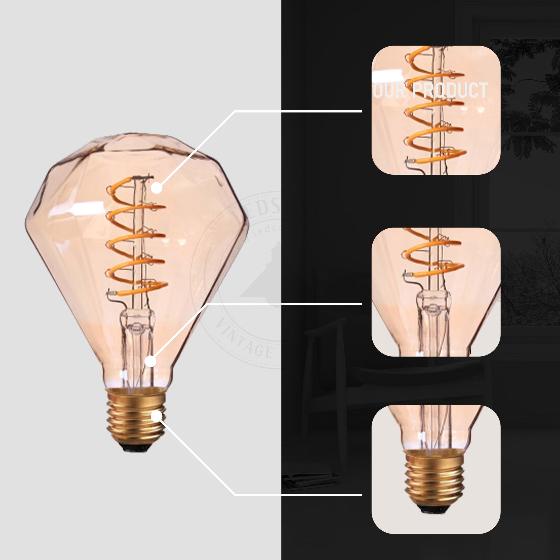 Diamond 4W LED Light Bulb E26 Warm White Dimmable LED Filament Bulb