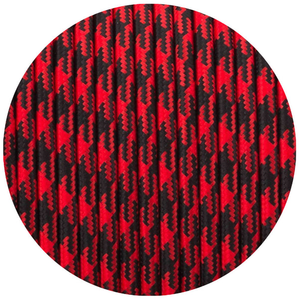 16Ft Round Cloth Covered Wire 18 Gauge 3 Conductor Braided Light Cord Red+Black Hundstooth
