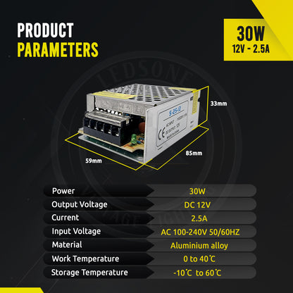 DC 12V 2.5 Amp Switching Power Supply for LED Strips CCTV - Size image
