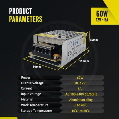 DC 12V 5 Amp Switching Power Supply for LED Strips CCTV~1010