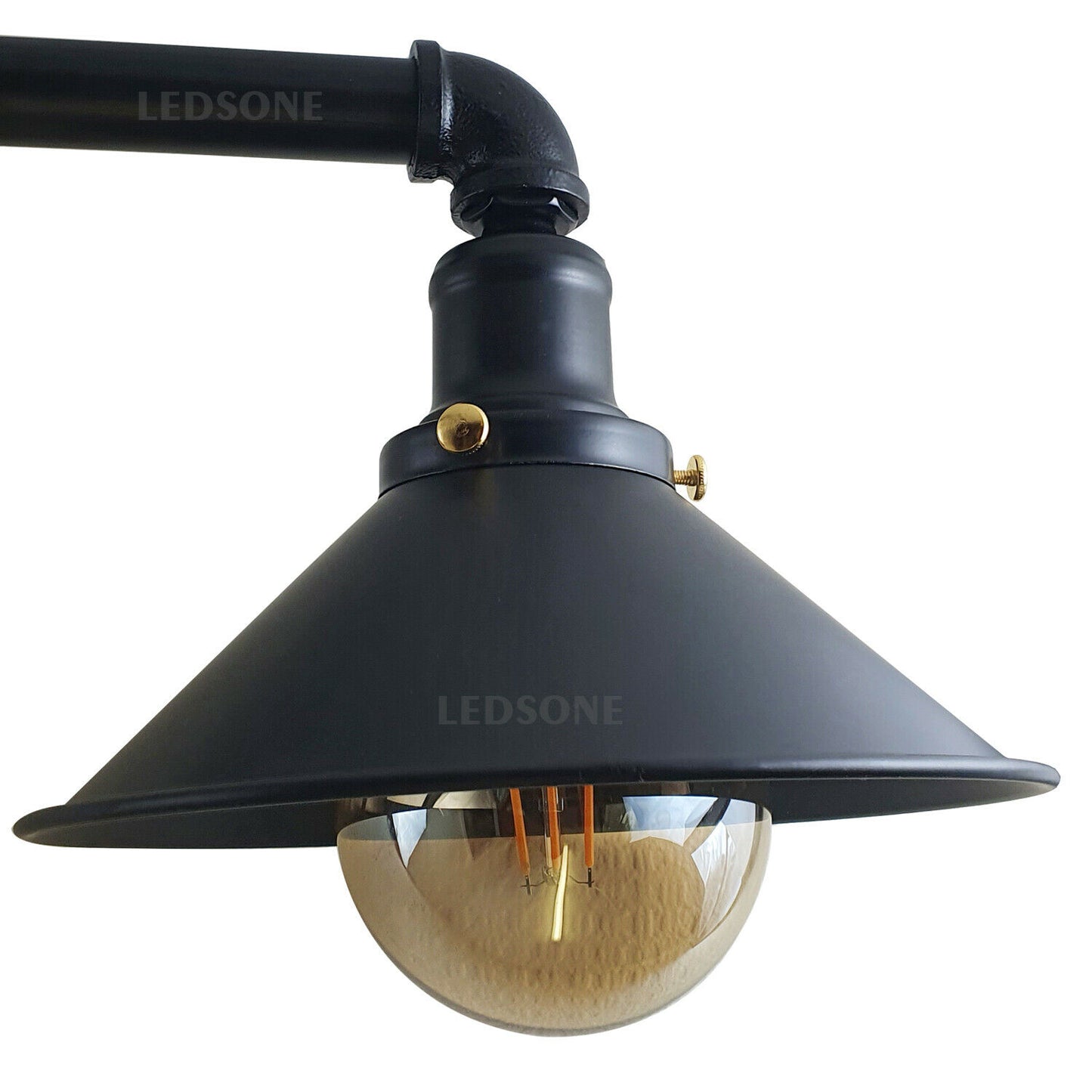 3-way Antique brass industrial pipe light fixture with three cone shades and chain suspension