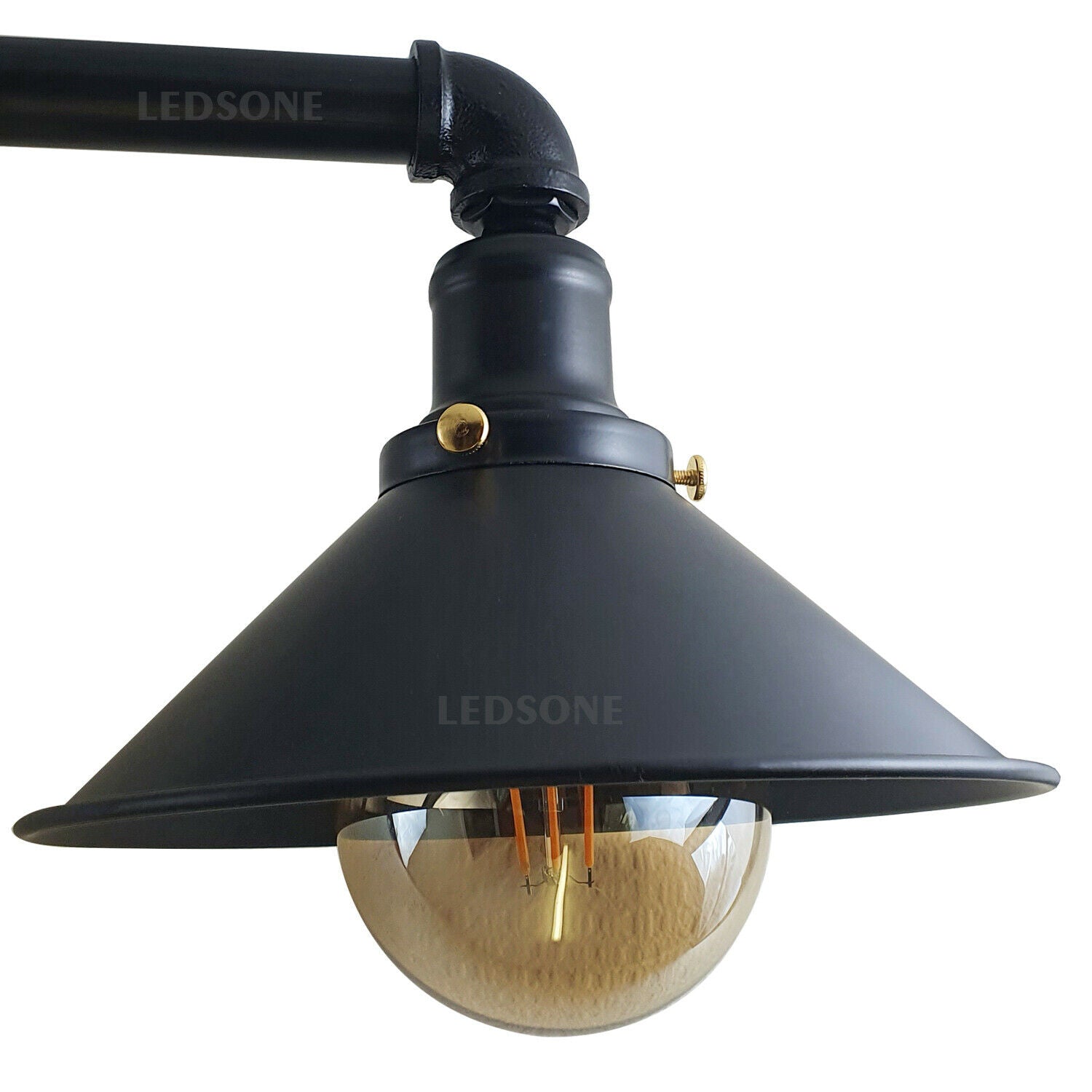  3-way Antique brass industrial pipe light fixture with three cone shades and chain suspension