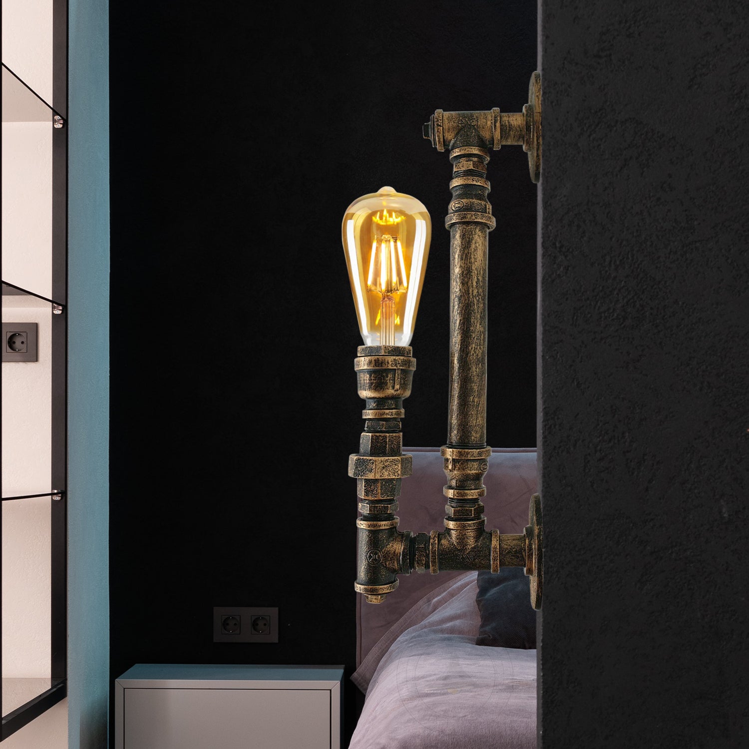 Brushed Copper Metal Steampunk Pipe Wall Sconce Light for bed room.JPG