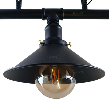 3-way Black chain-hung industrial pipe chandelier with triple cone shade for bar décor
